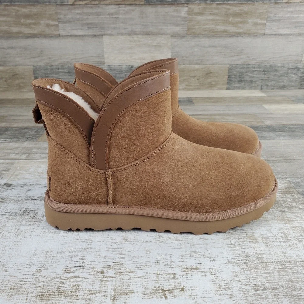 UGG Classic Mini Lunara Womens Snow Boots Sz 9 Chestnut Suede Pull On Round Toe